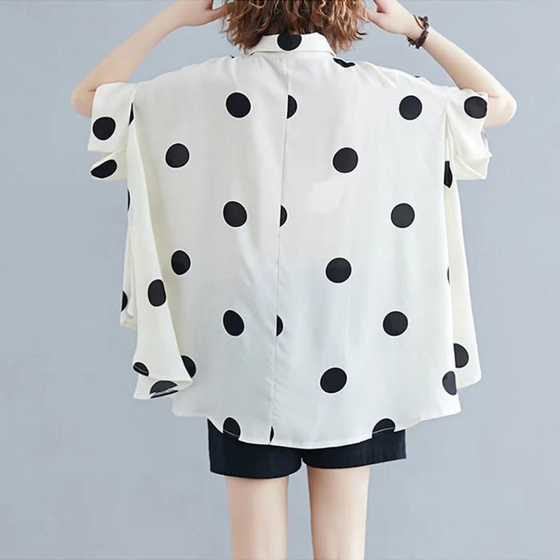 Black Vintage Polka Dot Print Blouse Women Lapel Short Sleeve Loose Casual Shirt Fashion Summer Clothes