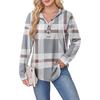 Women's V Neck Button Hooded Plaid Long Sleeve Pullover Sweatshirt, Europe America Fashion Casual Top for Crossborder