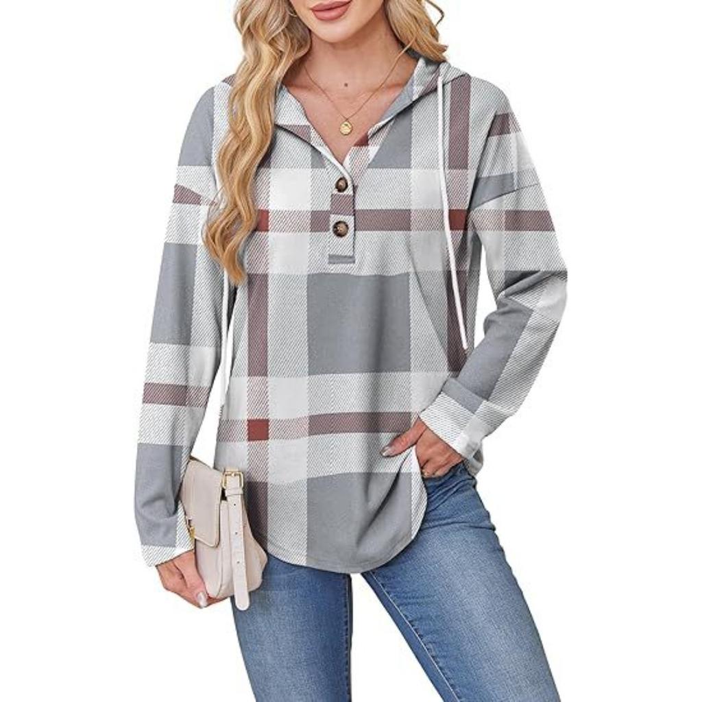 Women's V Neck Button Hooded Plaid Long Sleeve Pullover Sweatshirt, Europe America Fashion Casual Top for Crossborder