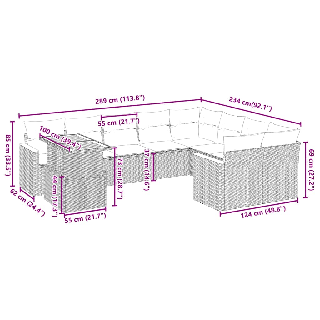 Vidaxl 10-Cz. Set da Giardino, Cuscini Rattan Nero Pe