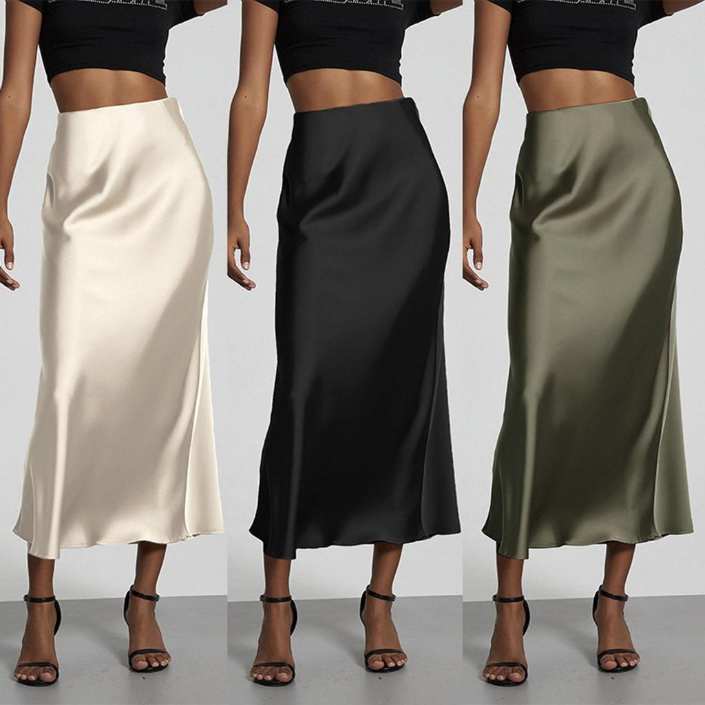 Fashion Satin Party Long Skirt High Waist Solid Color Casual Basic Women Skirts Fishtail Skirt Chic Summer Woman Clothing 2025