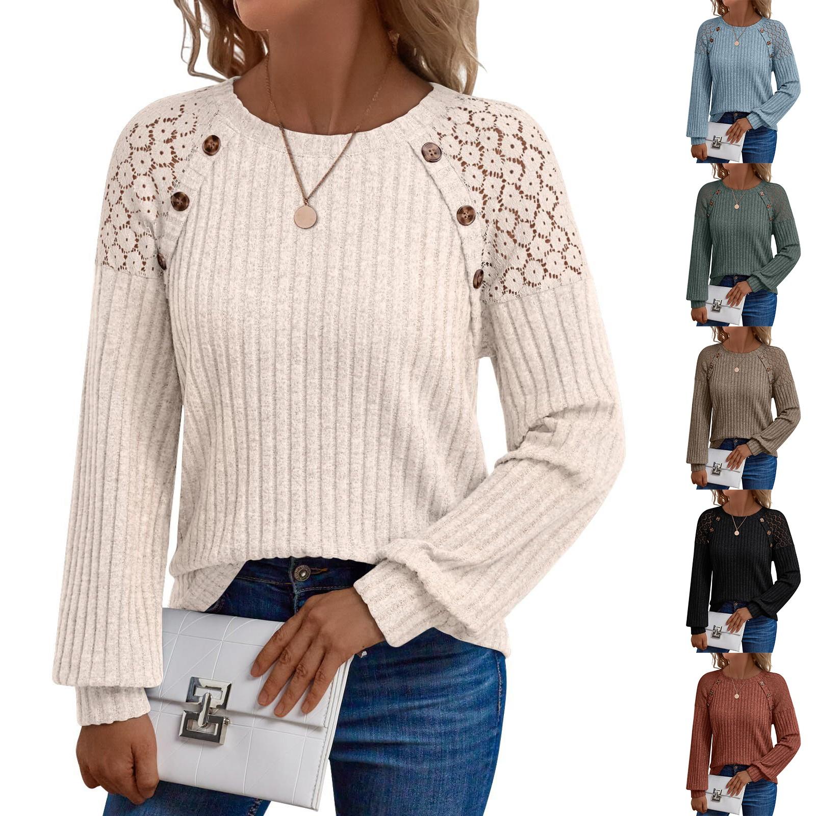 

Women s Round Neck Solid Colour Hollow Button Long Sleeve Casual Knit Patchwork Top L бежевий