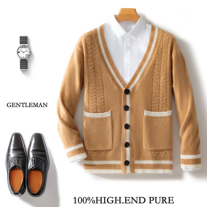 

Men s Geometric Color Block Wool Cardigan Jacket - Double Pocket, Autumn/Winter Knit Sweater XXL