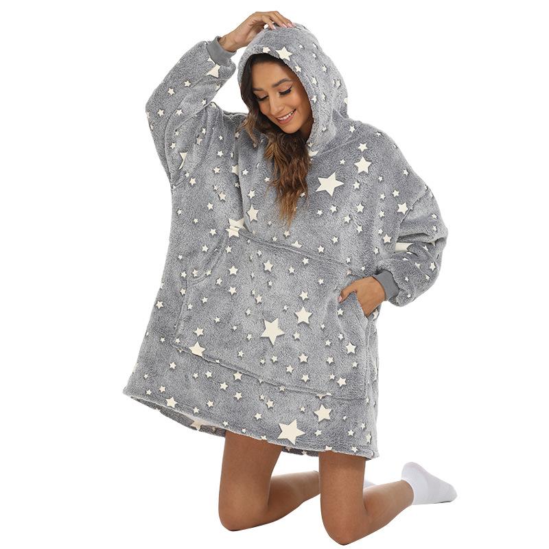 Women's Fashion Five-point Stars Glowing Robe Casual Hooded Short Flannel Loungewear