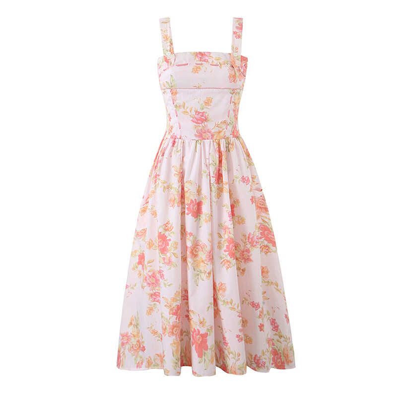 

House Same Style in Wonderland Immortal French style First Love Atmosphere Crush Flower Suspender Dress Mid-Length Dress Pink Floral Dress L