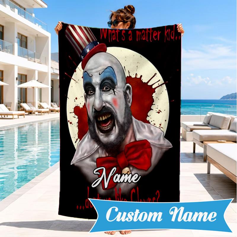 Custom Name Horror Clown Artwork Heart In Space Adventure Microfiber Beach Towel, Lightweight for Summer Travel, Swimming Pool Fan Gift