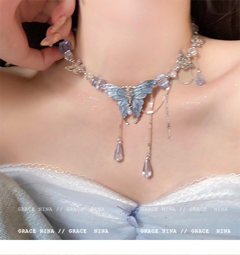 2025 Light Luxury Blue Crystal Butterfly Necklace for Women – Elegant Clavicle Chain Accessory