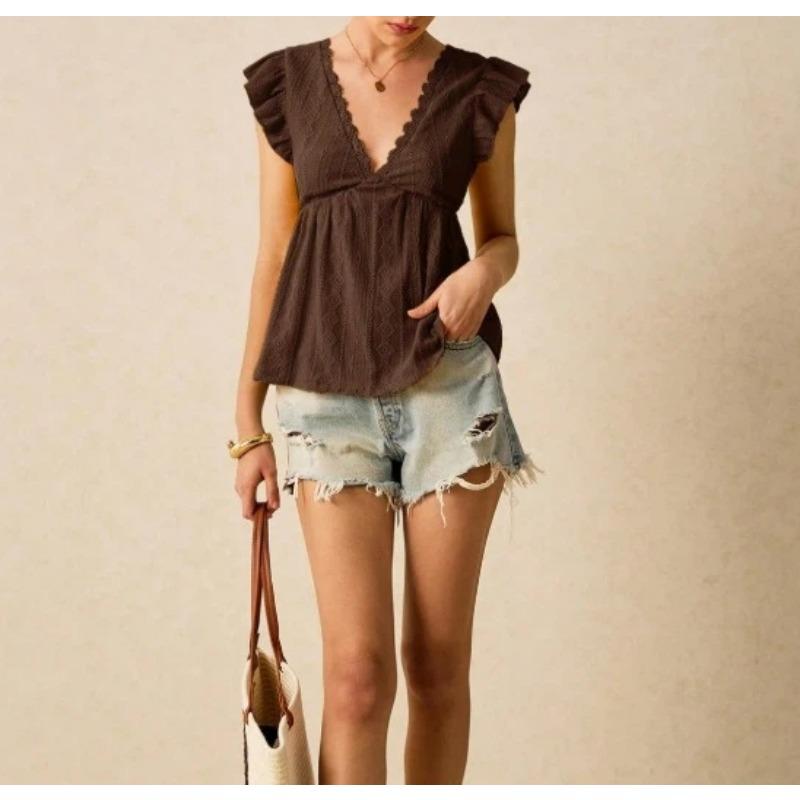 Damskie Nowe Modne Topy Wiosenno-Letnie z Wycięciem V i Falbankami, Krótki Rękaw