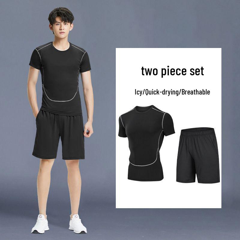 Pánské rychleschnoucí sportovní oblečení z ledového hedvábí s těsným střihem: Set s krátkým rukávem a pětibodovými kalhotami na letní fitness a běh