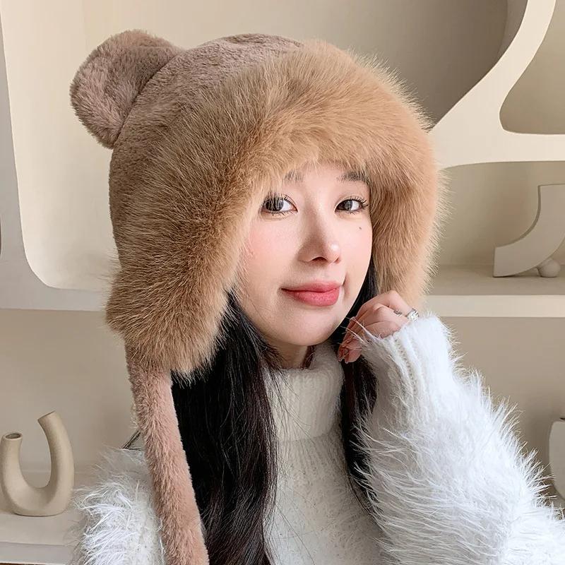 Femmes Hiver Bonnets Chapeau Protection Oreilles Fourrure Moelleuse Ours Dessin Animé Forme Oreilles Chaud Peluche Calotte Coréenne Fille Ski Patinage Bonnets