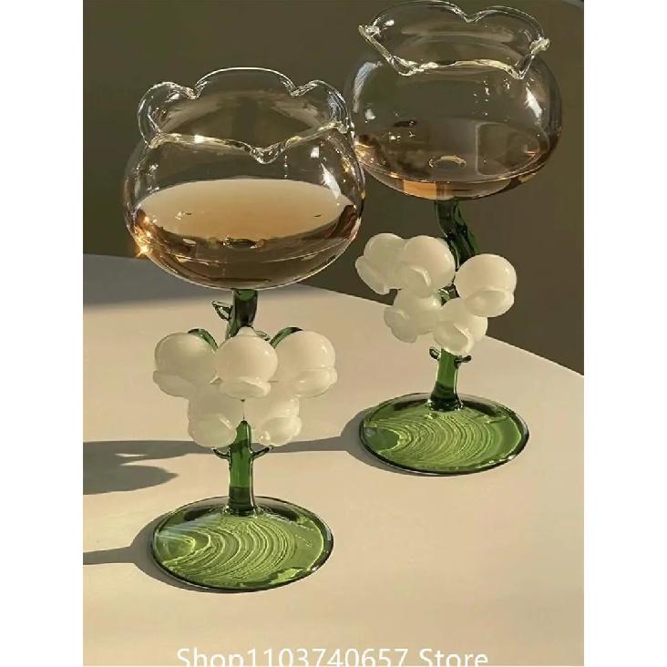 Flower Mouth Transparent Glass 3D White Jade Bell Orchid Handle 250ml Cocktail Glass Martini Goblet Wine Cup for Club Home Us