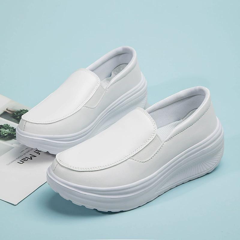 Women's Shoes Spring Genuine Leather Soft Outsole Work Shoes Female Black Swing Shoes Woman Plus Size Wedges Single Shoes