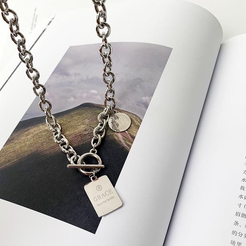 Trend Titanium Steel Square Letter Necklace Clavicle Chain Accessories Men's Long Sweater Accessories Hip Hop Ins Jewelry