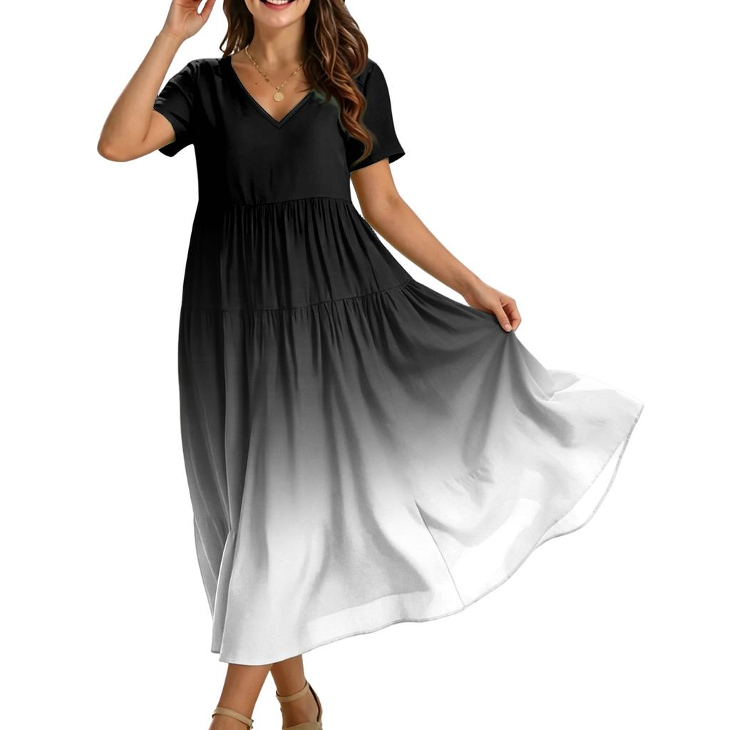 Abito Maxi Casual da Donna a Manica Corta con Scollo a V, Stile Bohemien, Vestibilità Larga, Stampa Degradé, per Estate e Uso Quotidiano