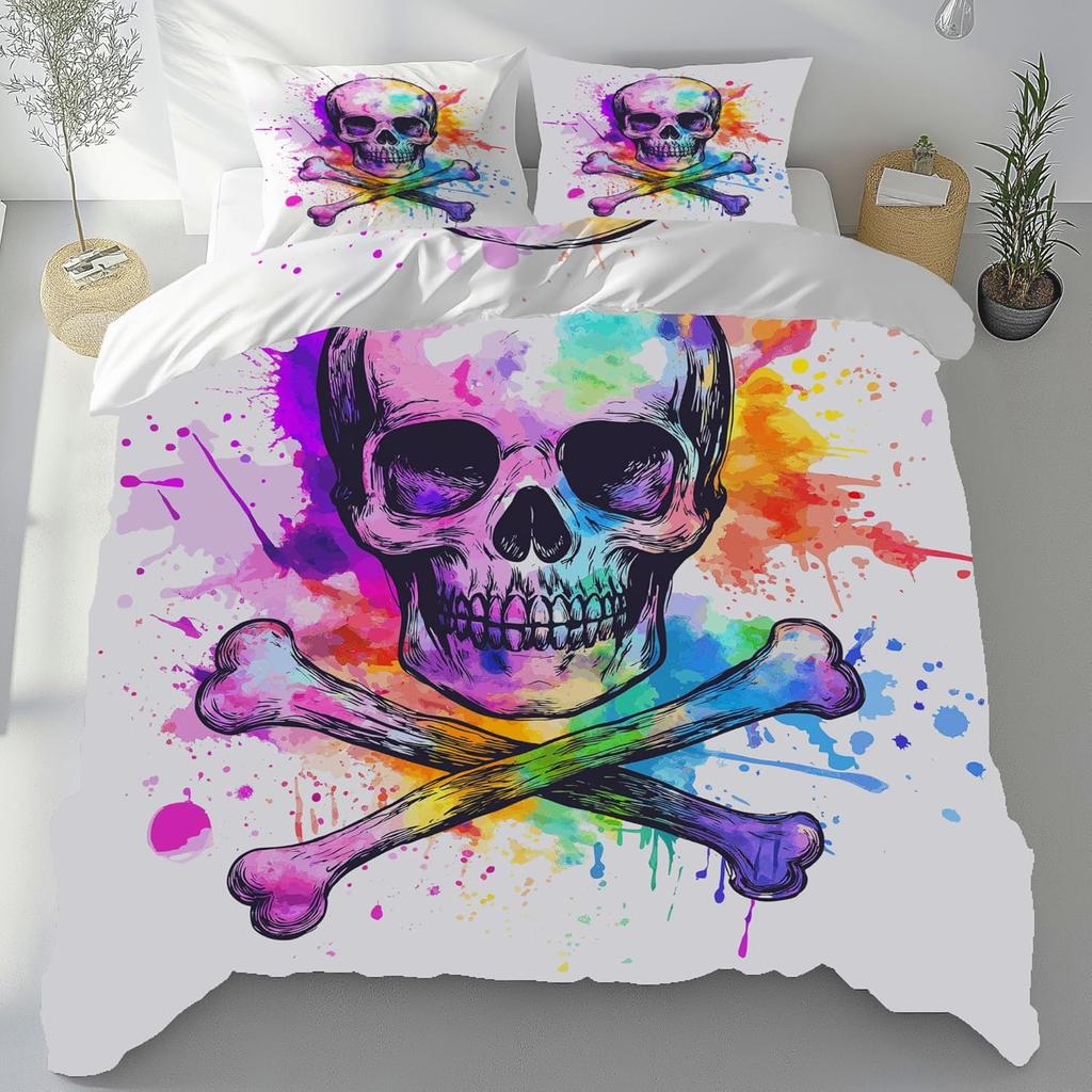 Gothic Style Skull Duvet Cover Set,Skeleton Bedding Set, Microfiber Duvet Cover Set with Zipper Closure for Teens and Adults