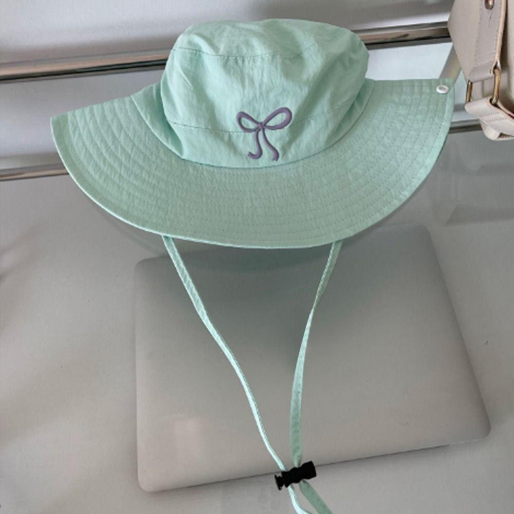 New Cute Pink Bow Strap Bucket Hats for Women 2025 Summer Outdoor Camping Sunscreen Quick Drying Breathable Fishing Caps