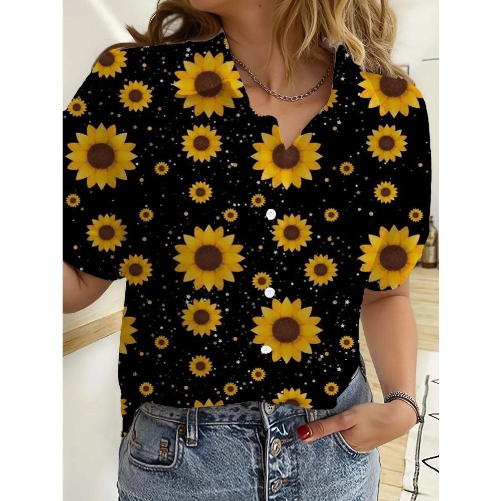 Hawaiian Womens Shirts Short Sleeve Button Floral Rose Printed Tops Casual Beach Shirts Summer New Sunflower Blouse Women's Tops