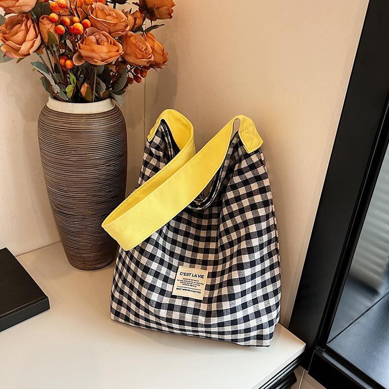 Women Contrast Color Lattice Magnetic Buckle Bucket Bag Leisure Canvas Cloth Shoulder Bags Tote Handbag