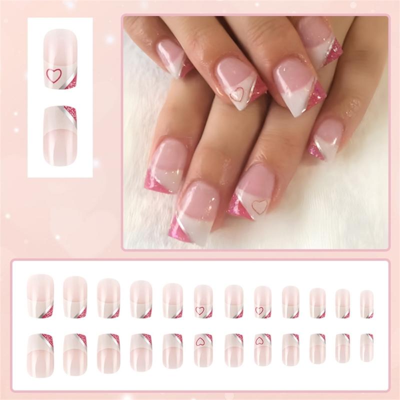 24 Pcs Short Square False Nail with Heart Artificial Nail Valentines Day Press On Nail French Tip Stick on Nail