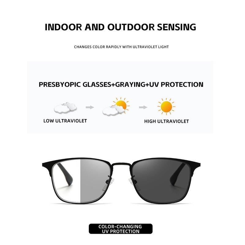 Unisex Metal Square Photochromic Multifocal  Reading Glasses Women Men Luxury Anti Blue Light Hyperopia Eyewear with Diopter