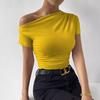 Women's Oblique Collar Short Sleeve Slim Fit Ruched Top Solid Color Casual Blouse