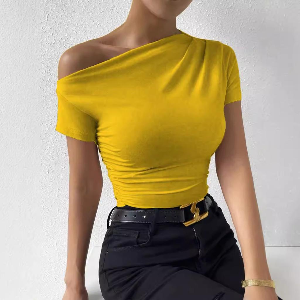 Women's Oblique Collar Short Sleeve Slim Fit Ruched Top Solid Color Casual Blouse