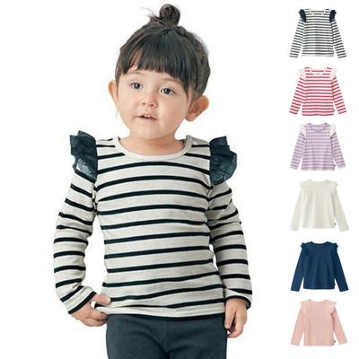 Çocuk Yürümeye Başlayan Bebek Kız Fırfırlı Uzun Kollu Tişört Üst Bluz Düz Çizgili Temel Tişörtler Düz Gömlek
