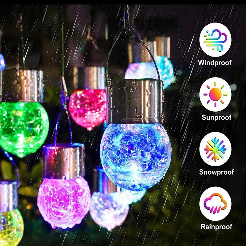 1~5Pack Solar Hanging Lights Outdoor Waterproof Changing Cracked Warm Ball Lamps Glass Hanging For Garden Decoration Yard