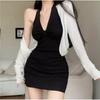 Pure Desire Spice Girl Black V-neck Neck Suspender Dress, Waist and Thin Bottom Hip-wrapped Short Skirt, Small A-word Skirt