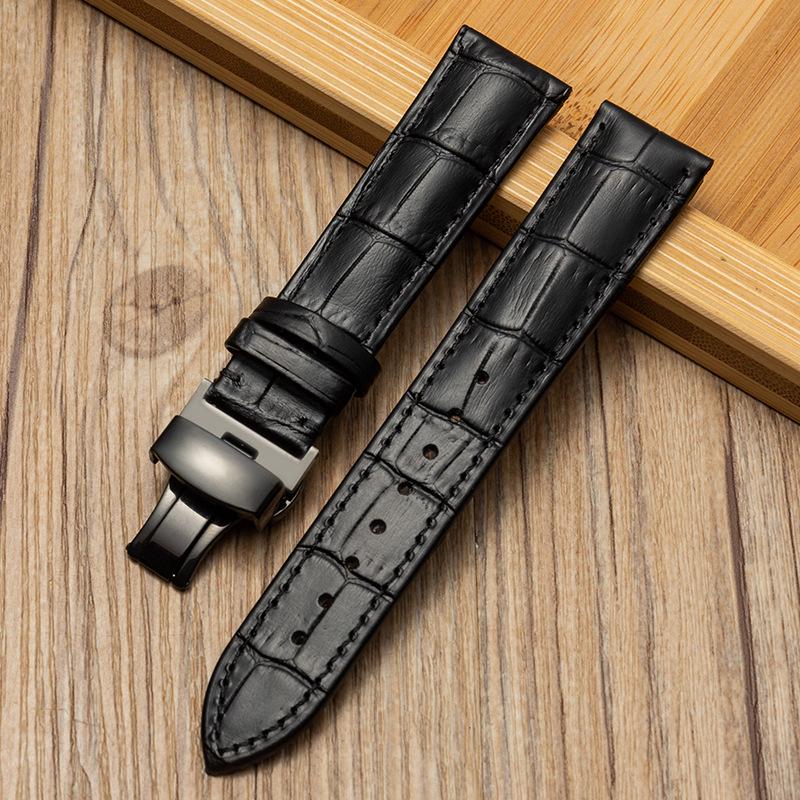 Bamboo Pattern Genuine Leather Watch Strap with Soft Cowhide and Butterfly Buckle for Men and Women