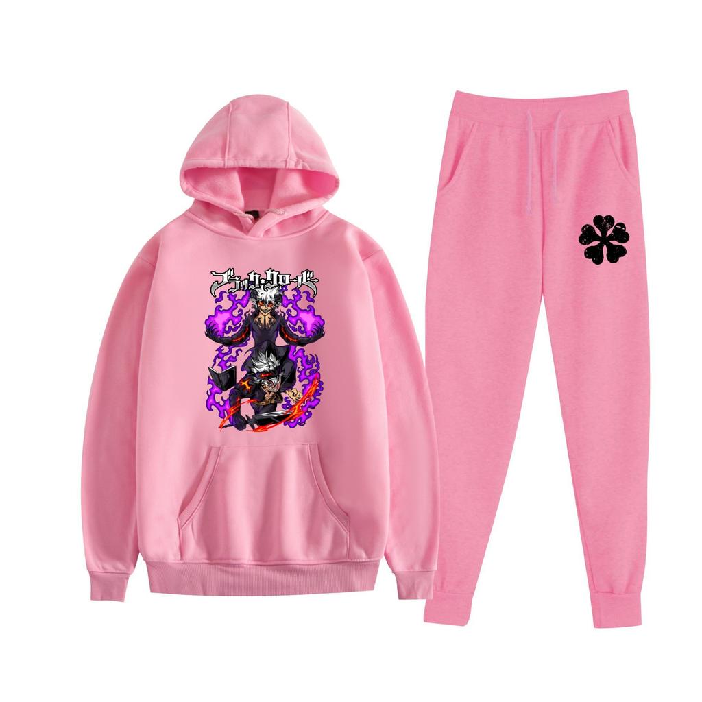 Europe, America, Autumn and Winter Black Four-leaf Clover Peripheral Two-dimensional Men's and Women's Leisure Sports Fleece Hooded Sweater Set 