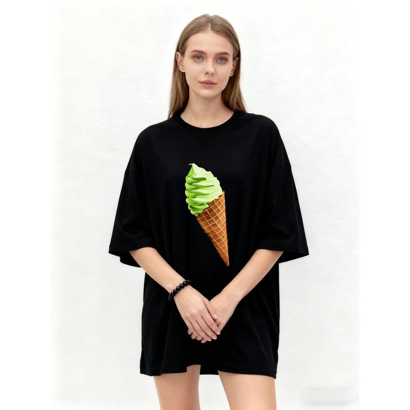 Oversized T-Shirt Black Ice Cream Cone Print Casual Summer Wear