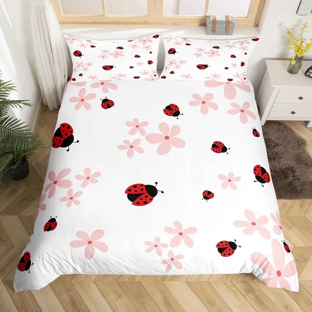 Ladybug Duvet Cover Set Cute Bug Bedding Set Twin Size for Kids Boys Bedroom Red Floral and Insect Adults Queen Duvet Cover Sets