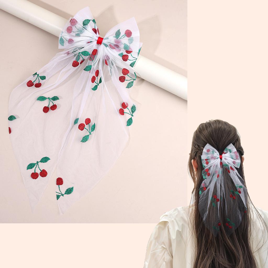 Net Bow Hair Clip Cherry Print Tulle Ribbon Barrette Large Big Bownot Ponytail Hairpin  Women Girls Headwear Accessories Gift