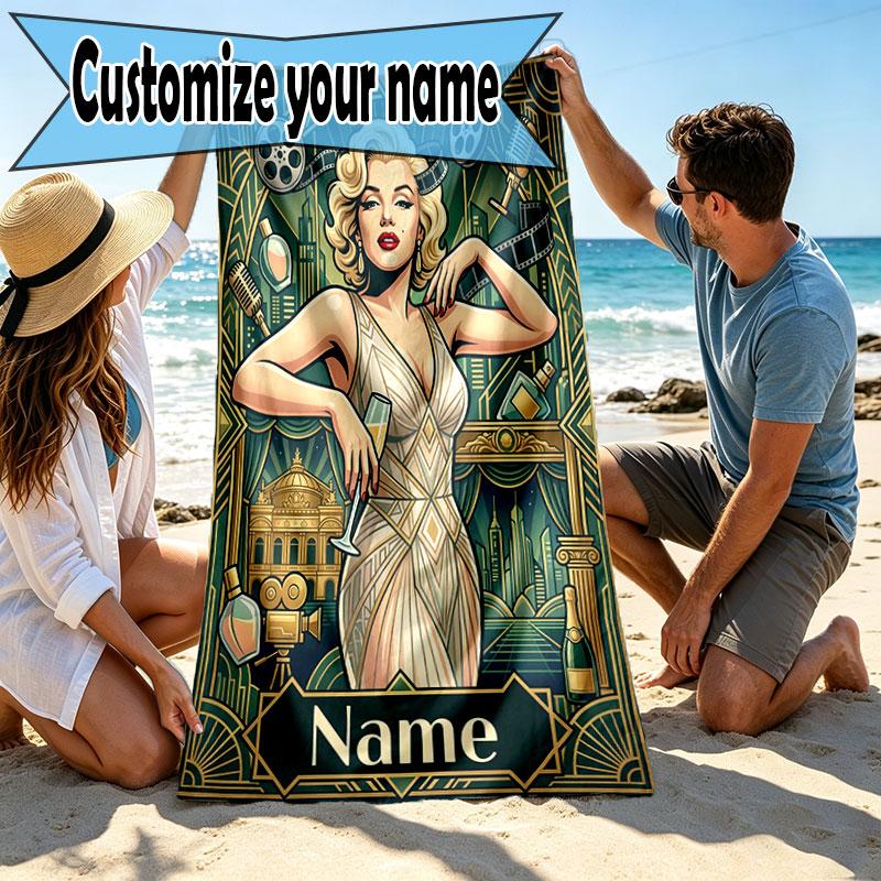 Custom Name Personalized Marilyn Monroe Print Beach Towel, for Trip Camping Beach Party Home Decor, Birthday Gift for Family & Friends