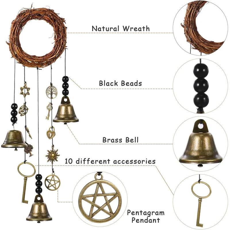 Magic Witch Bells Hangers - Handmade Protection Wreath, Wind Chimes for Home Door, Doorknob Decor, Witchcraft Accent with Guardi