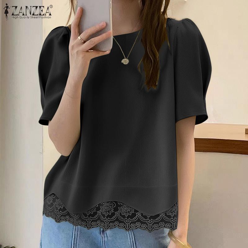 ZANZEA חולצת נשים קז'ואלית עם צווארון עגול ושרוולים קצרים, תחרה מחוברת