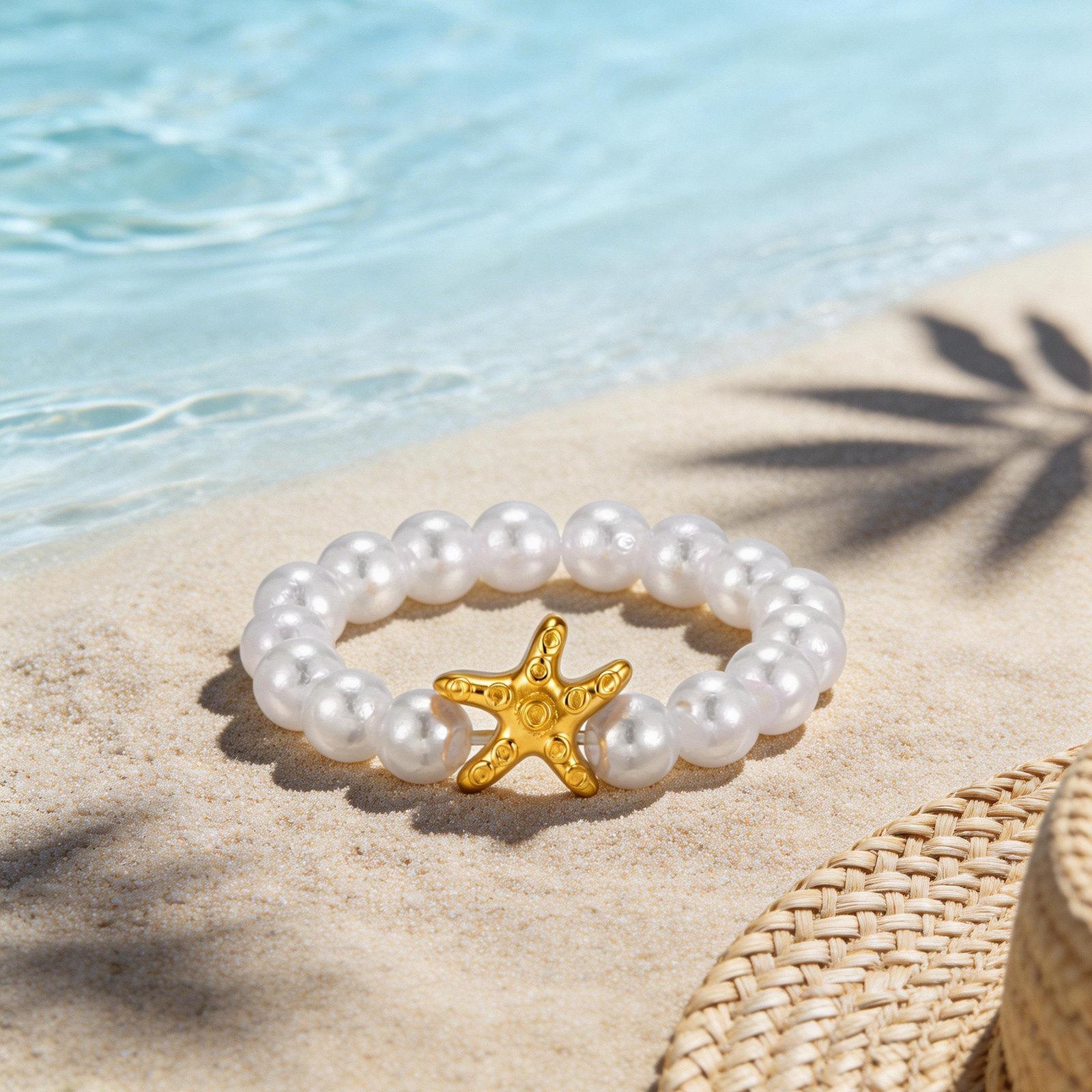 Elastic Starfish Faux Pearl Ring for Women Stainless Steel Scallop Bead Rings Adjustable Elegant Jewelry Gift