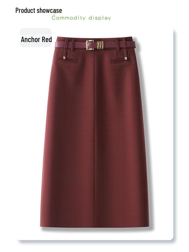 Khaki Wool Midi Bodycon Skirt for Women - 2024 Autumn/Winter New Style with Slit