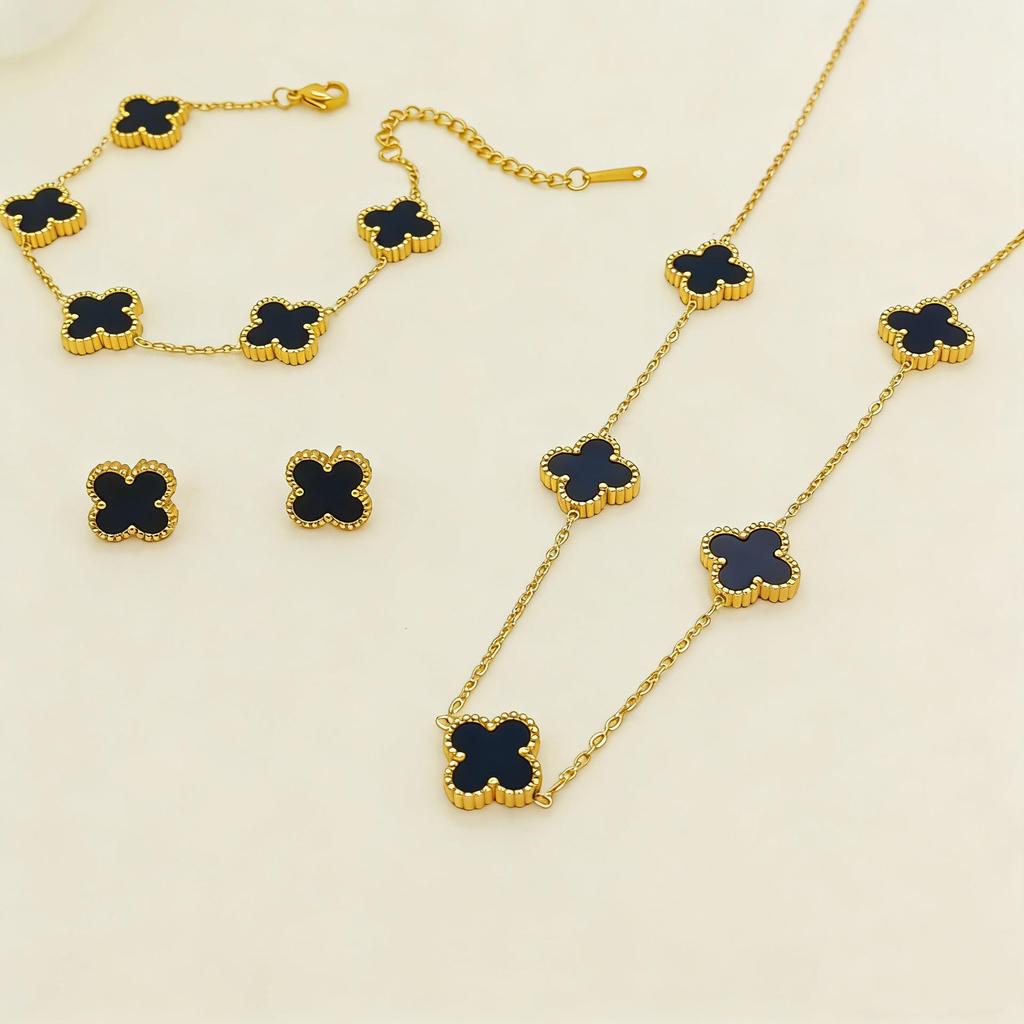 Set de Joyería de Acero de Titanio Madreperla Doble Cara Trébol de Cuatro Hojas con Pulsera, Collar y Pendientes