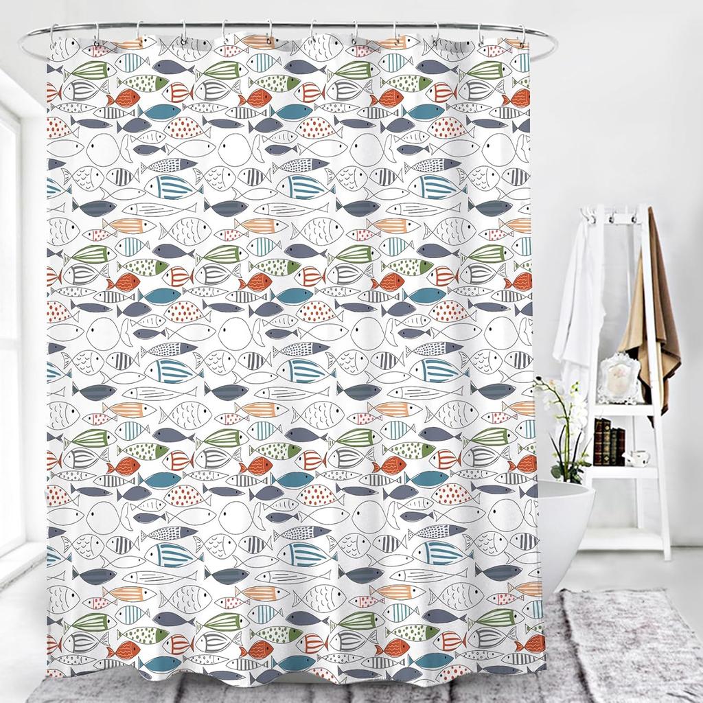 Fish Shower Curtain Ocean Animal Modern Multi-Color Fish Art Polyester Fabric Shower Curtain 72X72Inches