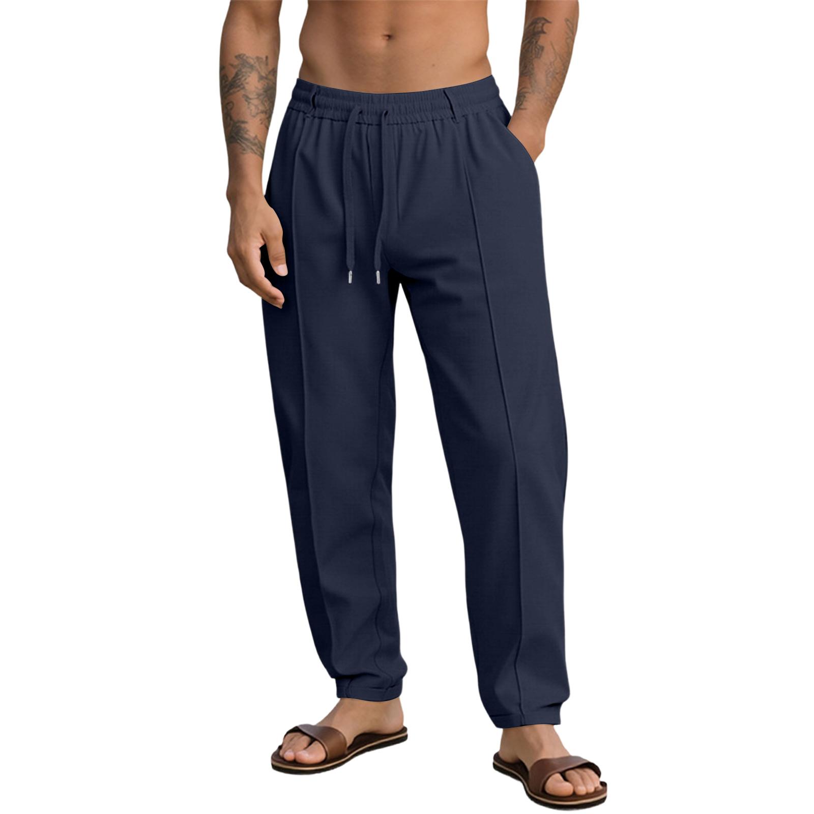 

Men s Relaxed-Fit Casual Linen Stretch Trousers With Elastic Waist And Cuffed Legs S тёмно-синий
