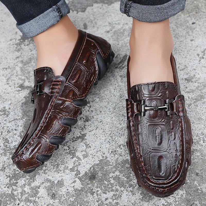 Men Casual Shoes Genuine Leather Crocodile Style Luxury Brand Mens Loafers Moccasins Slip on Black Driving Shoes Plus Size 38-47