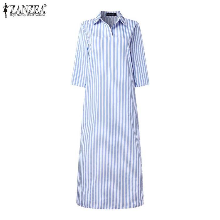 Loose Casual Short Sleeve Stripe Shirt Dress Women Turn Down Collar