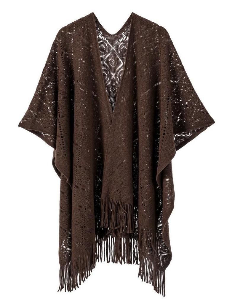 Hot-Selling Knit Shawl: Spring Summer Autumn, Hollow Design, Tassel Trim, Solid Color, Lightweight for European & American Styles.