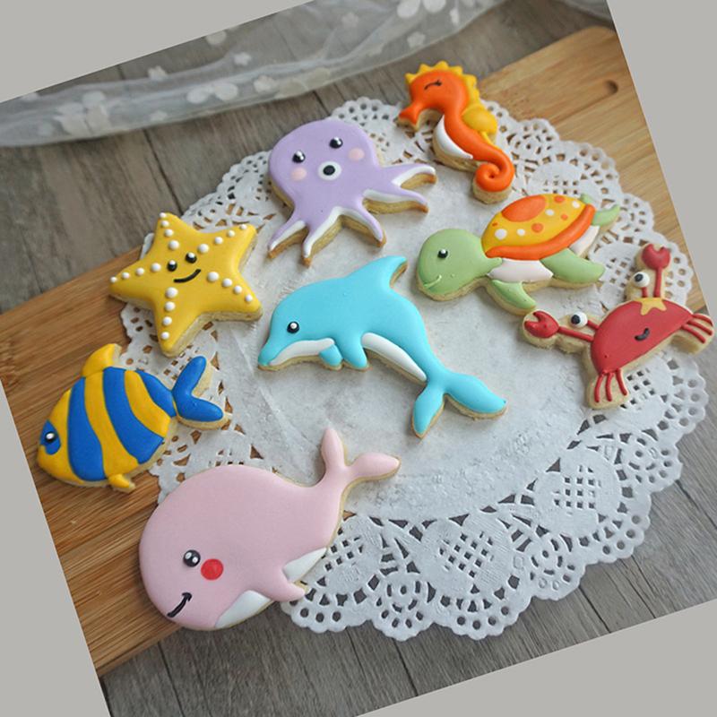 Juego de 8 moldes para galletas con forma de ballena, delfín y cortador de galletas con forma de criatura marina