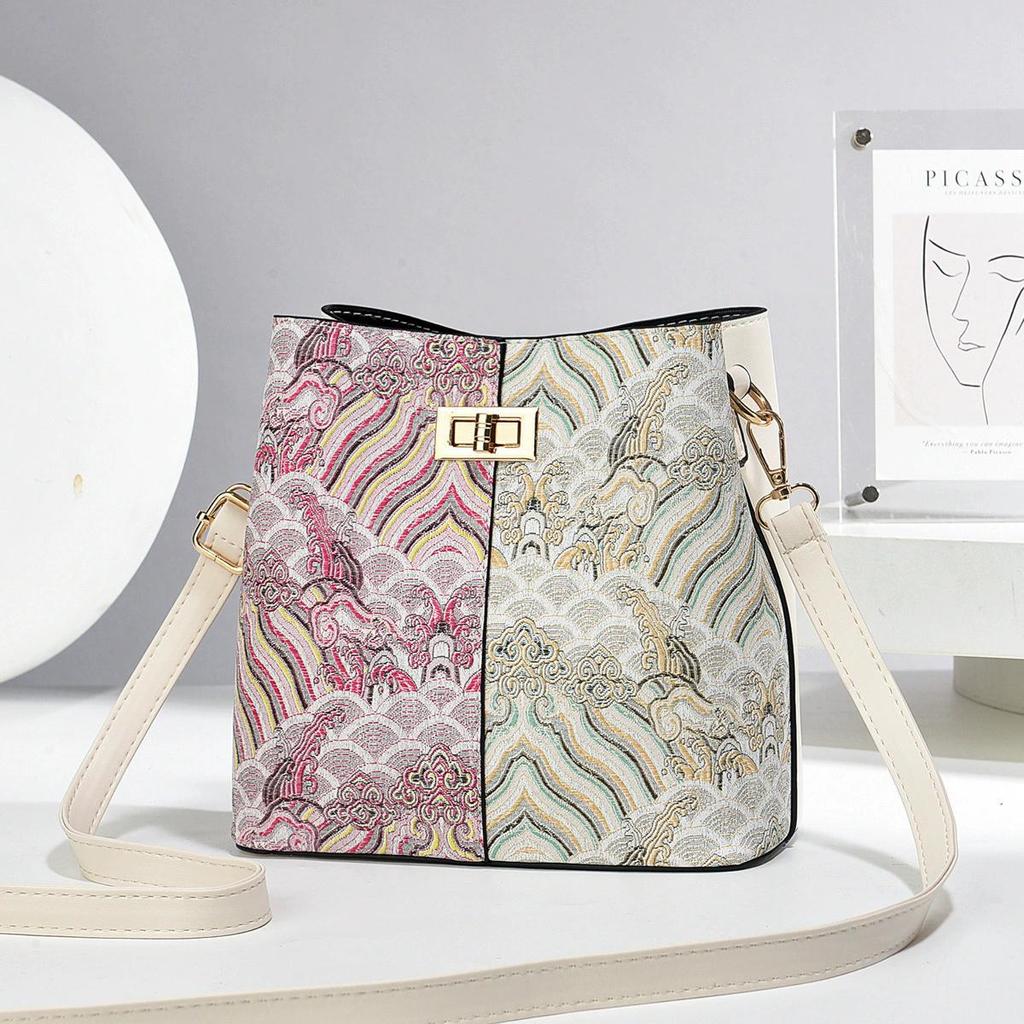 Women Ethnic Style Print Patchwork Shoulder Bag Large Capacity Bucket Crossbody Bags for Ladies