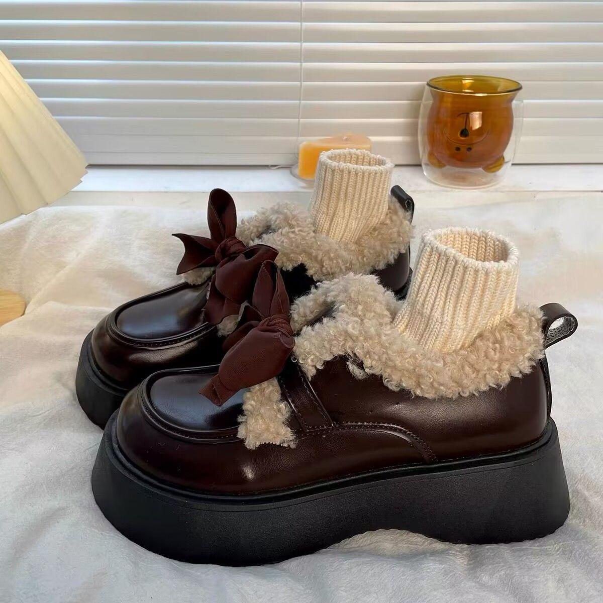 

Японские туфли на платформе Muffin Bow Plus из флиса, кожаные женские мокасины на осень и зиму, теплые и удобные туфли из хлопка Tide 40 коричневый