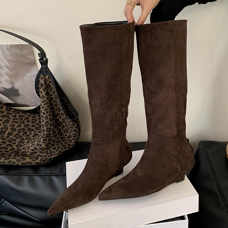 

Модные дизайнерские женские туфли на низком клину, модные ботинки в винтажном стиле с острым носком до колена, женская обувь для вечеринок и танцев, длинные ботильоны, размер 40 35 коричневый