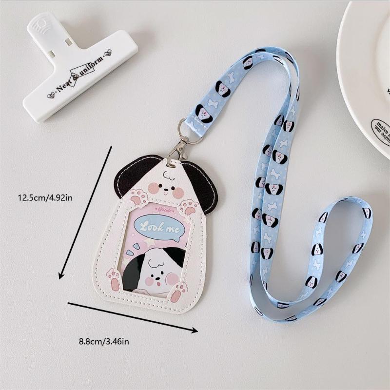 Porta Badge per Carte in Pelle con Cucciolo e Gatto Cartoon, 3 Pollici, con Cordino da Collo, Porta Badge per Campus, Porta Badge Identificativo per Studenti